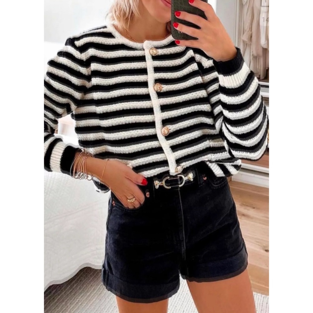 Striped Black & White Knit Cardigan Sweater